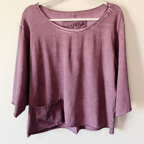 Luukaa Relaxed Fit Lagenlook Short Sleeve Top w/ Roll Tab Sleeves Purple Small? - Picture 1 of 7